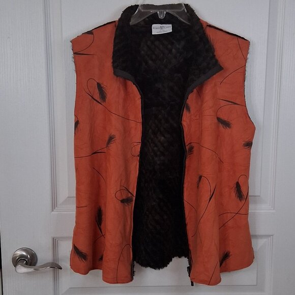 Robert Kitchen Women’s Orange Feather Print Vest Large Zip Front - Picture 3 of 5